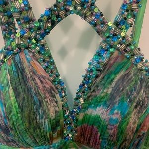 Peacock dress. Knee or above. Beaded halter. 4-6